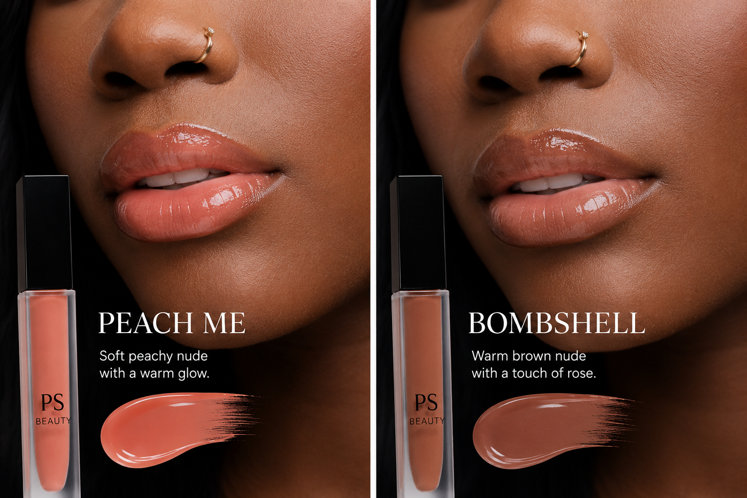 PS Beauty Peach Me and Bombshell lip gloss shades on model