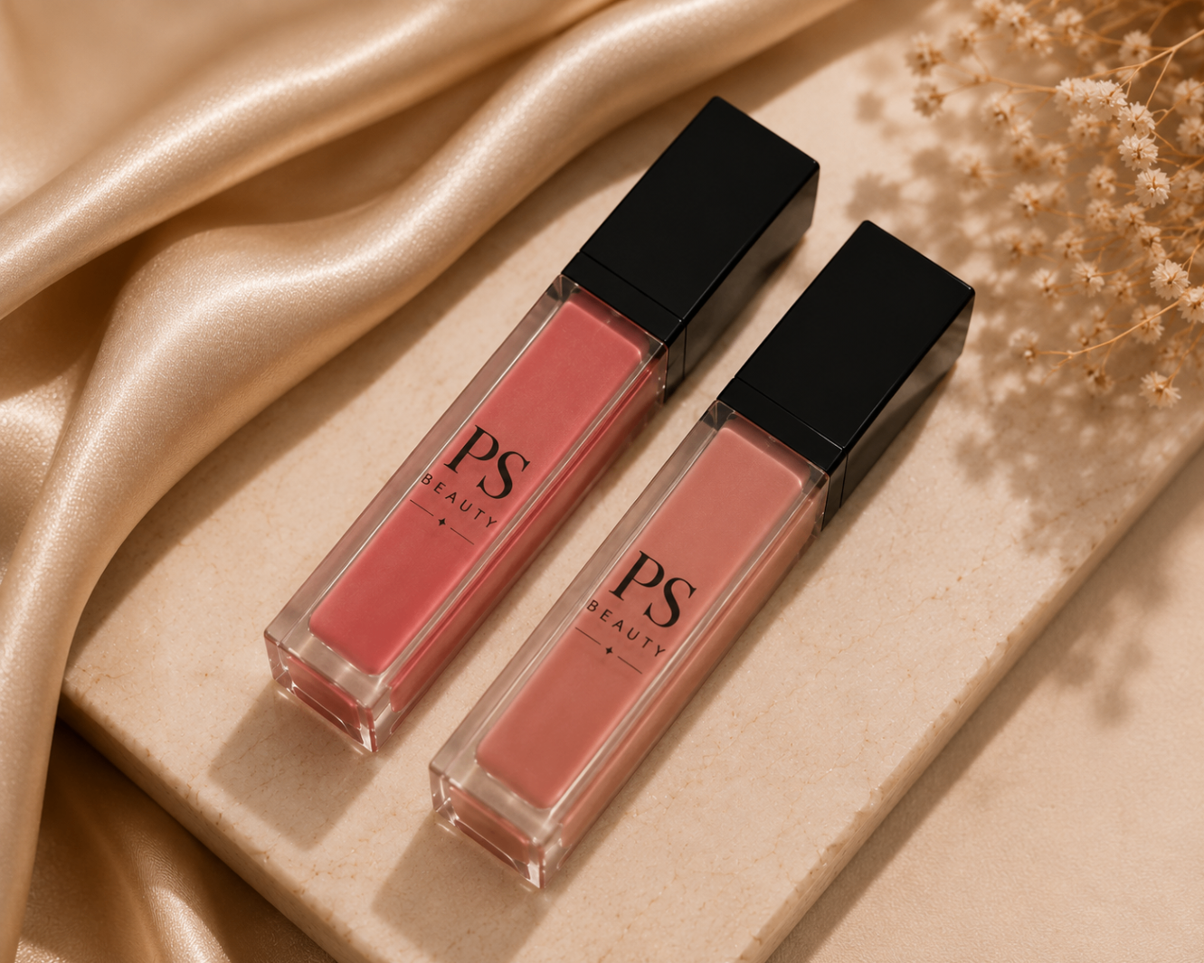 Two PS Beauty lip glosses displayed on a marble tray